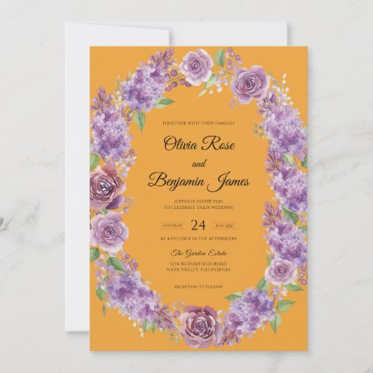 Invitation Mariage Fleur Violette Moutarde (Devant)