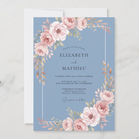 Invitation Mariage Fleural Bleu Acier Doux (Devant)