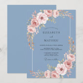 Invitation Mariage Fleural Bleu Acier Doux (Devant / Derrière)