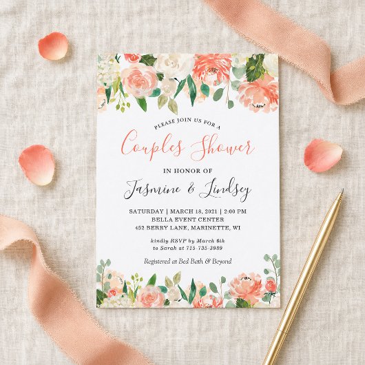 Invitation Mariage Fleural Corail Pêche pour Couples