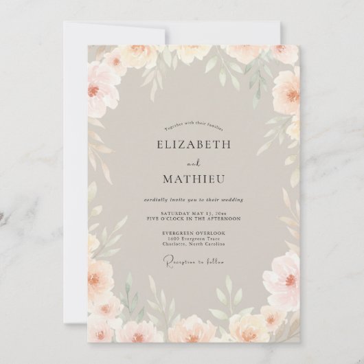 Invitation Mariage Fleural Douce de Pêche Champagne (Devant)