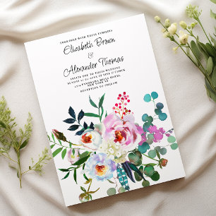 Invitation Mariage fleuri à la menthe rose blanc poionnette