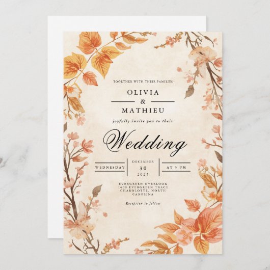 Invitation Mariage fleuri Autumnal Chaud (Devant / Derrière)