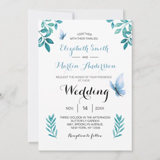 Invitation Mariage fleuri bleu papillon bleu doux (Devant)