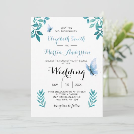 Invitation Mariage fleuri bleu papillon bleu doux (Debout devant)