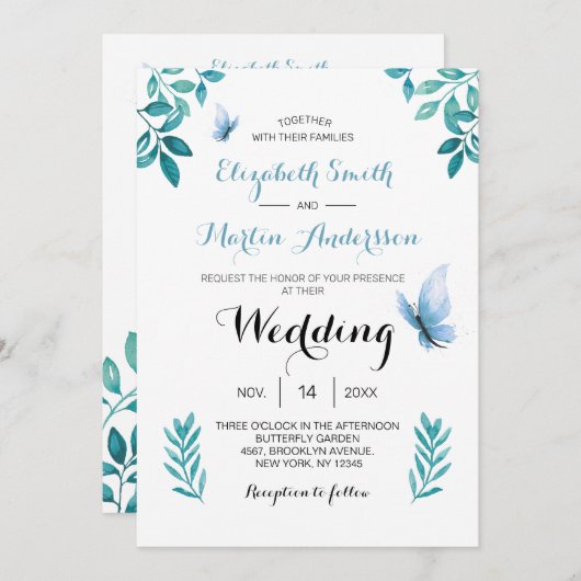 Invitation Mariage fleuri bleu papillon bleu doux (Devant / Derrière)