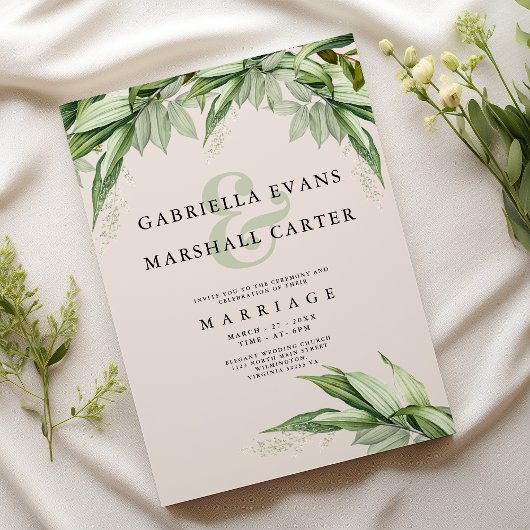 Invitation Mariage fleuri chic feuillage vert ivoire