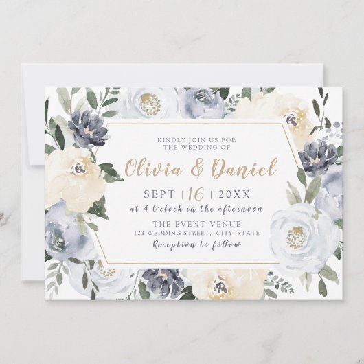 Invitation Mariage fleuri d'aquarelle grise botanique (Devant)