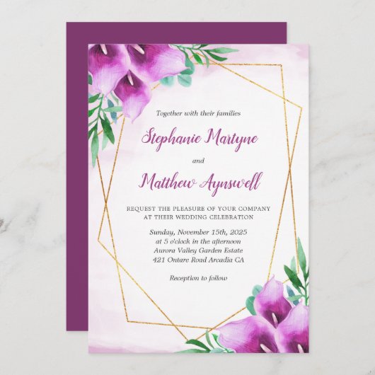 Invitation Mariage fleuri de Calla Lily géométrique violet (Devant / Derrière)