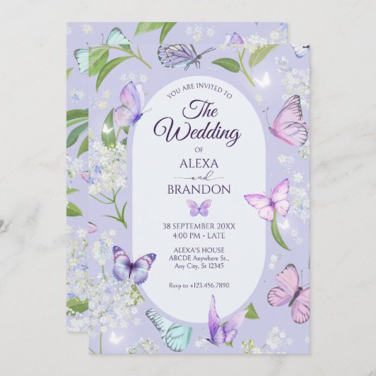 Invitation Mariage fleuri de papillon lavande violette (Devant / Derrière)