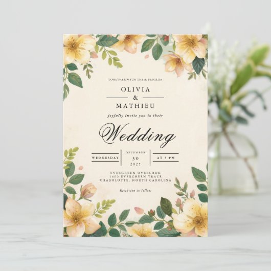 Invitation Mariage fleuri d'or (Debout devant)