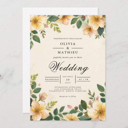 Invitation Mariage fleuri d'or (Devant / Derrière)