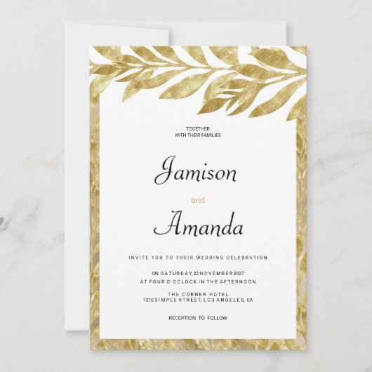 Invitation Mariage fleuri feuille d'or blanc (Devant)