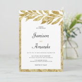 Invitation Mariage fleuri feuille d'or blanc (Debout devant)