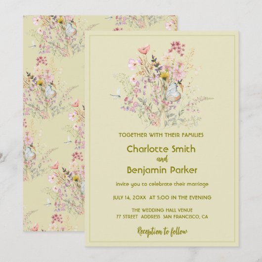 Invitation Mariage fleuri fleur sauvage simple or (Devant / Derrière)