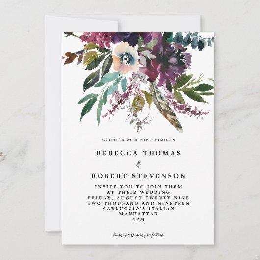 Invitation mariage fleuri fleuri à plumes pourpres boho (Devant)