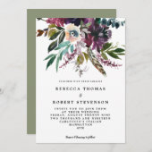 Invitation mariage fleuri fleuri à plumes pourpres boho (Devant / Derrière)