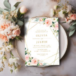 Invitation mariage fleuri géométrique or et rose<br><div class="desc">Un beau design moderne avec un cadre géométrique en faux or élégant encerclant le texte et de belles fleurs roses. Un thème parfait pour les mariages du printemps et de l'été. Le texte et les couleurs de ce modèle faire-part de mariage peuvent être personnalisés.</div>