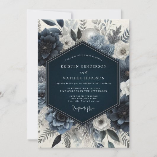 Invitation Mariage fleuri Navy humeur (Devant)