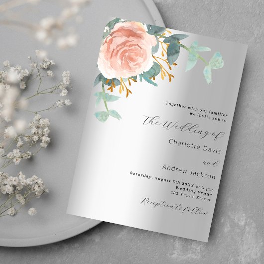 Invitation Mariage fleuri or rose en argent