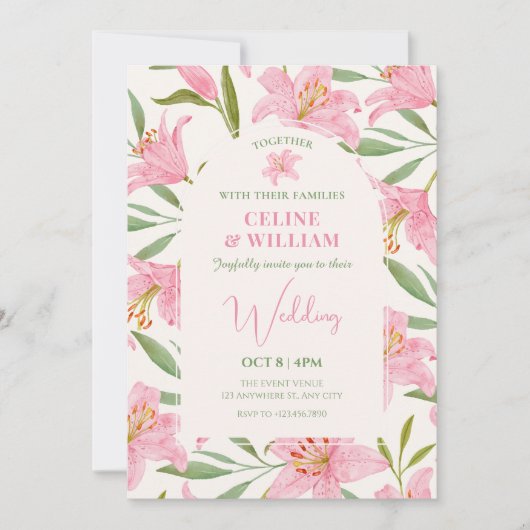 Invitation Mariage fleuri pastel vert rose (Devant)