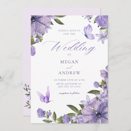 Invitation Mariage fleuri pourpre (Devant / Derrière)