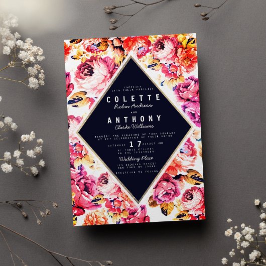 Invitation Mariage fleuri rose rose bohème