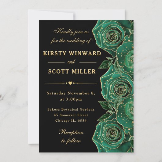 Invitation Mariage fleuri Rose vert et or (Devant)