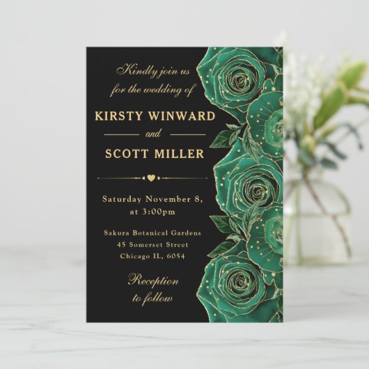 Invitation Mariage fleuri Rose vert et or (Debout devant)