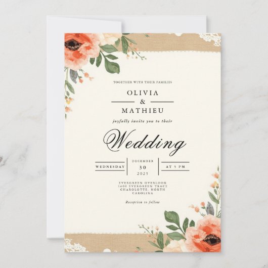 Invitation Mariage fleuri rustique (Devant)