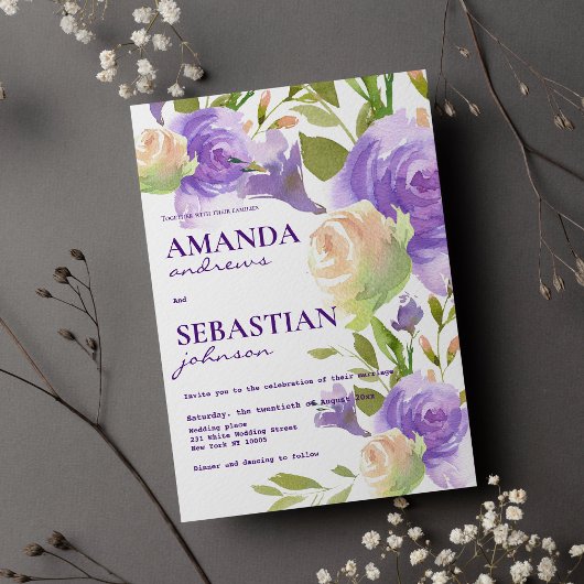 Invitation Mariage fleuri vert menthe rose lavande botanique