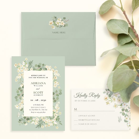 Invitation Mariage fleuri vert pastel