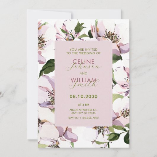 Invitation Mariage fleuri vert pourpre (Devant)