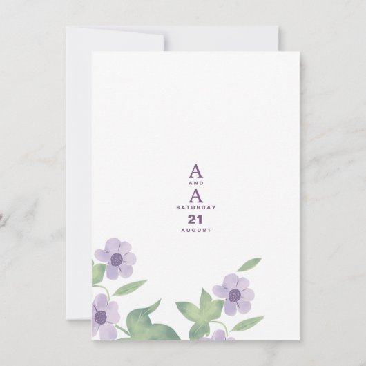 Invitation Mariage fleuri violet à la menthe vert été (Dos)