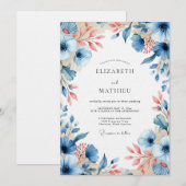 Invitation Mariage Fleurie à la Pêche Bleue (Devant / Derrière)
