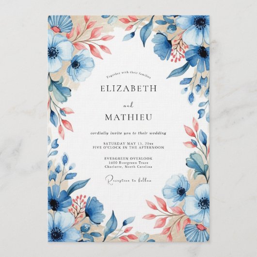 Invitation Mariage Fleurie à la Pêche Bleue (Devant)
