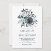 Invitation Mariage Fleurie à l'Aquarelle Bleu Poussiéreux et (Devant)