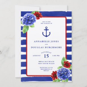 Invitation Mariage Fleurie à Rayures Bleu Nautique Aquarelle