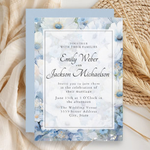 Invitation Mariage Fleurie Aquarelle Bleu Poussiéreux Blanc