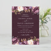 Invitation Mariage Fleurie Aquarelle Pourpre Bourgogne (Debout devant)