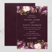 Invitation Mariage Fleurie Aquarelle Pourpre Bourgogne (Devant / Derrière)