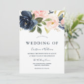 Invitation Mariage Fleurie Aquarelle Rose Pâle Bleu Marine (Debout devant)