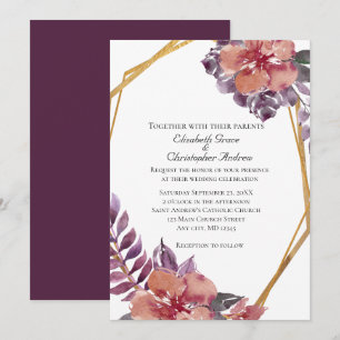 Invitation Mariage Fleurie Aquarelle Rose Violet Rouge Or