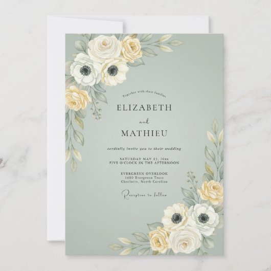 Invitation Mariage Fleurie Ardoise Poussiéreuse (Devant)