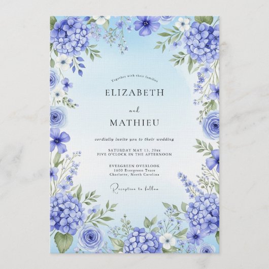 Invitation Mariage Fleurie Artistique Hydrangea Bleue (Devant)
