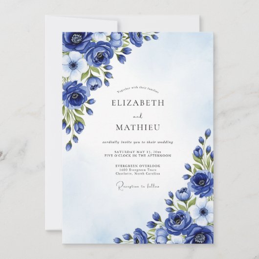 Invitation Mariage Fleurie au Cobalt (Devant)