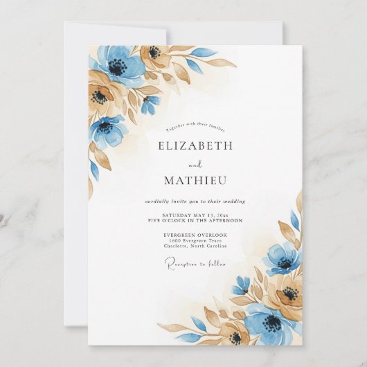 Invitation Mariage Fleurie Automne Bleu Brun (Devant)