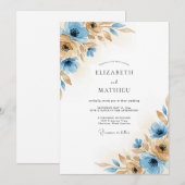 Invitation Mariage Fleurie Automne Bleu Brun (Devant / Derrière)