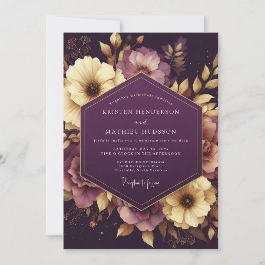 Invitation Mariage Fleurie Baroque Aubergine (Devant)