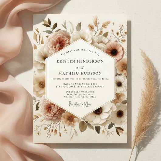 Invitation Mariage Fleurie Beige